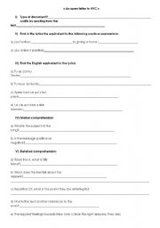 English worksheet: an open letter to ny worksheet