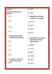 English worksheet: Fractions, Decimals, and Percentage