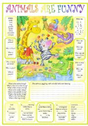 Animal FUN revision for Elementary - Pr. cont., Def., Comparing, Prepositions, can/cant + GAMES ((6_pages)) (+BW + KEY + Notes) - A1-2 level