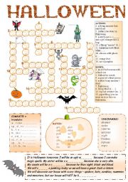 Halloween Fun + Pumpkin Crossword + 8 activities + BW + CW for older + BOOKMARKS + 6 game rules + KEY ((6_PAGES)) -  A2 level