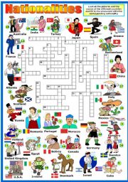 NATIONALITIES  CROSSWORD (KEY AND B&W VERSION INCLUDED)
