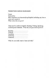 English worksheet: Student Needs Analysis