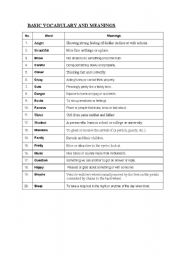 English Worksheet: Basic Vocabulary and Meanings