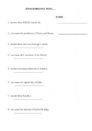 English worksheet: Find Someone Who