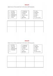 English worksheet: bingo warm up