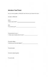 English worksheet: First day intro sheet