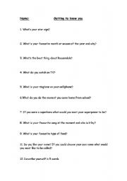 English Worksheet: getting to know you