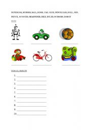 English Worksheet: toys and school objects - revision