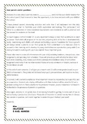English Worksheet: LETTER TO PARENTS