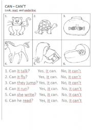 English Worksheet: CAN CANT EXERCISES