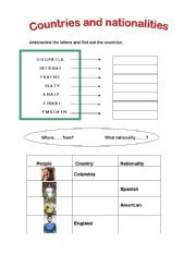 English worksheet:  Countries and Nationalities( first part)
