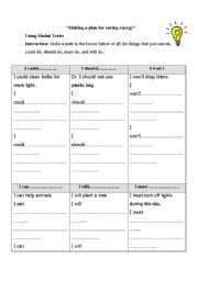 English Worksheet: things you can do, could do, should do, must do, and will do to help saving energy