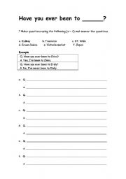English worksheet: Present perfect work sheet (about experiences) - writing