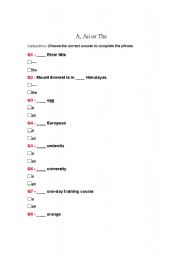 English Worksheet:  a an the