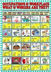 English Worksheet: Occupations & workplace (What & where are they?) + KEY