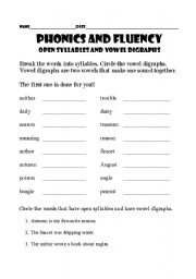English Worksheet: Phonics: Open Syllables and Vowel Digraphs