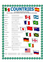 English Worksheet: DOUBLE PUZZLE (COUNTRIES) + KEY