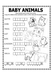English Worksheet: DOUBLE PUZZLE (BABY ANIMALS) + KEY