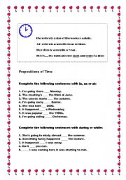 English Worksheet: Prepositions of time ON - AT -  IN - FROM - TO