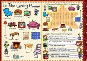 English Worksheet: Objects found in the living room - Pictionary and exercises