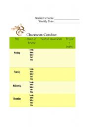 English Worksheet: Weekly Classroom Conduct Sheet