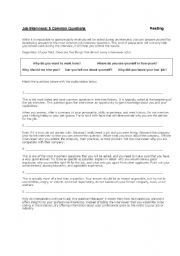 English Worksheet: Common Job Interview Questions: Reading and Writing