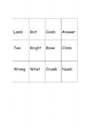 English worksheet: silent letter bingo