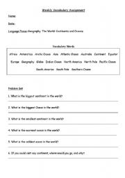 English worksheet: Vocabulary: Geography: Continents and Oceans