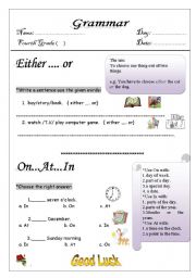 English worksheet: either or + on in at