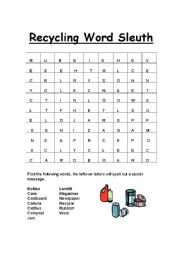 English Worksheet: recycling word slueth