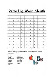 English worksheet: recycling word slueth