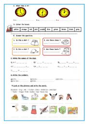 English Worksheet:  A good worksheet for revision or evaluation. (clothes, animals, time, colours, numbers, days of the week, body parts...) 