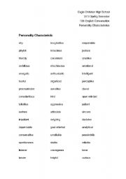 English Worksheet: Personality Characteristic Vocabulary 