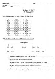 English worksheet: The Family : written test