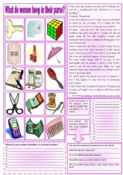 What do women keep in their purse? (Reading comprehension + vocabulary + homework) ***fully editable ((2 pages))
