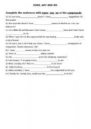 English worksheet: Fill in the blanks with some, any, no or compounds