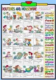 English Worksheet: ROUTINES AND HOUSEWORK (1-2) (PRESENT SIMPLE) -KEY+B&W VERSION INCLUDED
