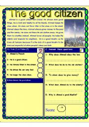 Reading comprehension test. ( Being a good citizen) Theme (Citizenship and civic responsibilities)