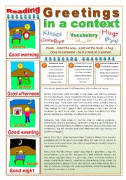 GREETINGS IN A CONTEXT - (3 Pages) - 2 Reading & Comprehension Texts + 3 Instructions + 5 Exercises + 5 Extra Activities