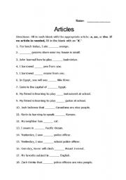 Articles Worksheet - ESL worksheet by lordblackmoon