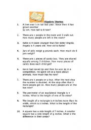 English worksheet: Algebra Stories