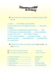 English worksheet: time prepositions (in, on, at)
