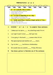 English worksheet:   PREPOSITIONS  at  on  in