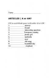 English worksheet: Articles A or An