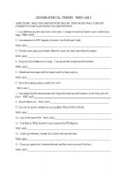English Worksheet: Geographical Terms Who Am I--Vocabulary 