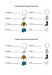 English Worksheet: Clothes Word Scramble Part Two!