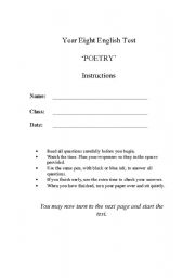english worksheets year 8 poetry test