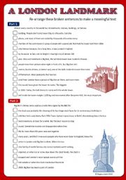 English Worksheet: London / Big Ben Reading Comprehension (Broken Sentences, +Key)