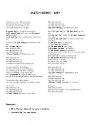 English worksheet: Justin Bieber Baby Lyrics+Exercises