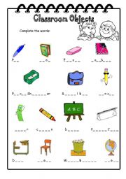 Classroom Objects - Complete the words - ESL worksheet by bbtl